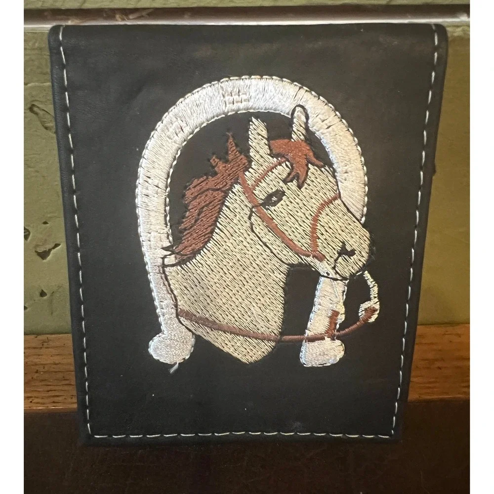 Vintage Leather Horse Horseshoe Embroidered Black Bifold Wallet Western Cowboy